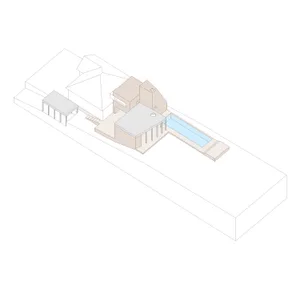 A 3D rendering of a modern house with a pool.