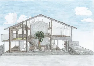 Cross-sectional view of a modern interior design featuring wood, glass, concrete, and brick materials.