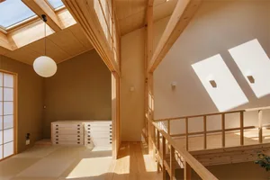 Modern minimalist room with wood floors and walls, featuring a skylight allowing natural light to filter in.