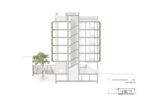 Longitudinal section of a multi-story architectural design featuring stairs, glass windows, and a garden area.