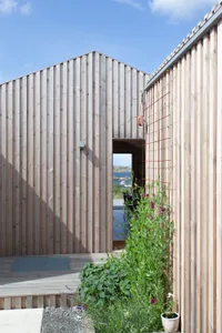 Modern house with wooden exterior and green garden