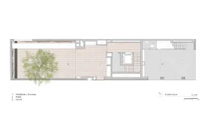 A detailed drawing of a modern architectural floor plan utilizing tile, glass, and wood materials