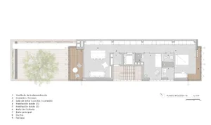 Modern architectural floor plan featuring wooden flooring, concrete floors, and a botanical garden.