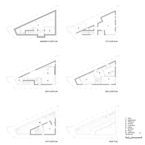 Building layout depicted in a floor plan with multiple levels and labeled rooms.