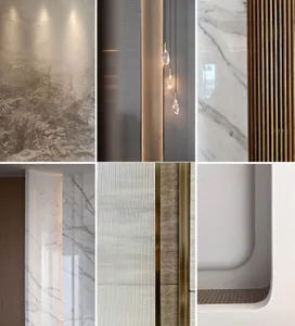 A minimalist interior features marble, glass, and wood elements.