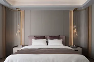 Minimalist bedroom with fabric bedding, wooden headboard, metallic accents, and glass sconces.