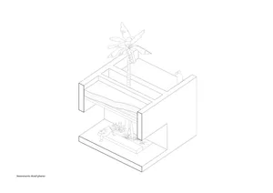 Isometric view of an interior space with a concrete planter containing a palm tree and other plants.