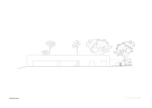 A line drawing depicting a modern building exterior with a low-sloping roof and large windows, surrounded by trees and palm t