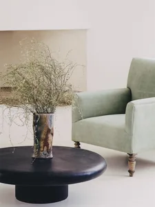 A modern green upholstered armchair with wooden legs positioned next to a round black coffee table with a vase of dried flowe