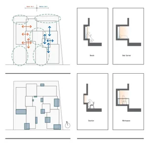 Floor plan of a multi-functional architectural space with detailed blueprints and sections highlighting various design elemen