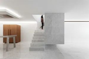 A modern interior space featuring a marble staircase and a wooden cabinet.