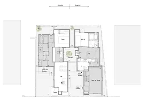 A detailed 2D architectural drawing showing the layout of a modern residential building.