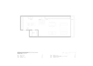 A technical drawing of the ground floor plan of a penthouse in Costa Blanca, featuring spaces such as the hall, kitchen, stai