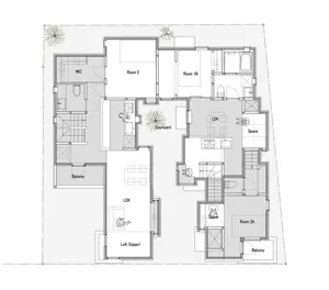 A modern house layout featuring multiple rooms, balconies, and a courtyard.