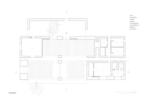 2D architectural drawing of a modern residential plan featuring concrete and glass materials.