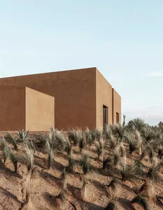 A modern minimalist house with a clay stucco exterior surrounded by desert vegetation.