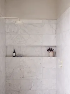 Modern minimalist bathroom featuring marble walls with niche shelves holding plant and soap dispenser.