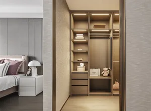 Organized modern bedroom storage with black and white accents.