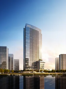 A modern office building with a glass facade.