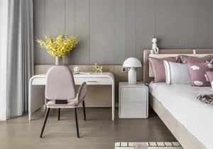 A modern bedroom featuring minimalist design, with a wooden floor, fabric furniture, and metal accents.
