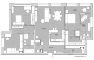 A modern residential floor plan with white and black squares, showing a living room, dining area, kitchen, and bedrooms.