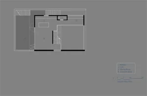 Second floor plan of a modern apartment with concrete flooring, featuring a kitchen, loft, dining room, and concrete deck.