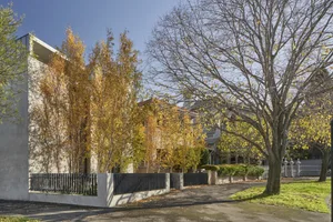 A modern family home featuring a concrete exterior space with trees and a driveway.