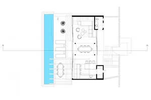 Floor plan of a modern residential home with concrete and glass materials.