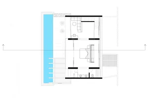 Modern apartment floor plan with a living area, bedroom, kitchen, and bathroom.