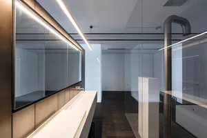 Modern bathroom interior featuring glass walls and a minimalist design.