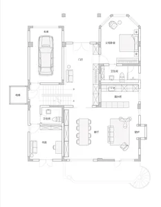 Floor plan depicting a modern residential house with various rooms and amenities including a garage, bedrooms, a bathroom, a