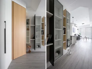 A modern home interior with artistic wooden storage panels and shelves.