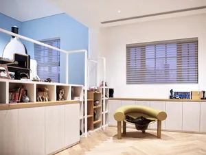 A minimalist children's playroom with wooden furniture and a yellow curved bench.