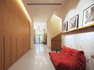 Modern interior design featuring stone and wood elements