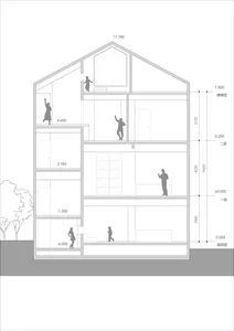 An architectural cross-section of a modern residential building showing various floor levels and room types.