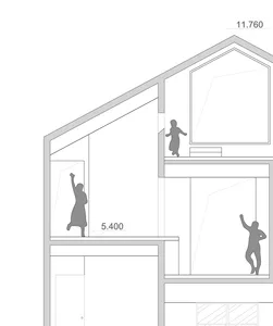 Simplified architectural cross-section of a modern residential interior, featuring a wood frame and glass windows.
