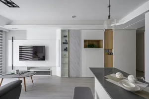 Modern living room with marble and white oak materials