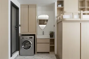 Modern minimalist residential interior with a light wooden finish, featuring a washing machine, sink, and elevated bunk bed.