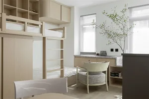 A modern minimalist bedroom featuring wooden furniture and a bunk bed.