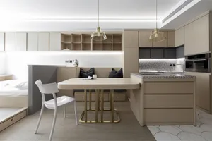 Modern kitchen and dining area with wooden and metal finishes