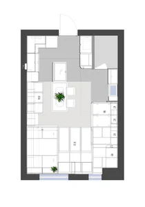 A detailed 2D architectural drawing of an apartment's floor plan, showing the layout of rooms and furniture.