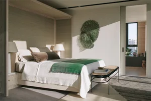 Modern minimalist bedroom with white bed, green throw blanket, and natural light.