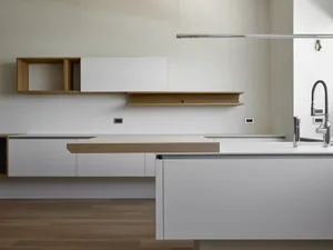 Modern minimalist kitchen featuring white matte cabinets and shelves.