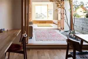 Contemporary living room with wooden flooring and organic textiles