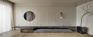 Modern minimalist residential interior featuring marble elements.