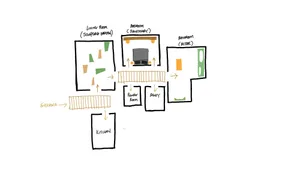 Floor plan of a modern residential interior with living room, bedroom, bathroom, kitchen, powder room, and study.