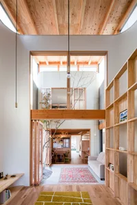 Modern living room with wood floors and bookshelf