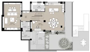 Modern living room design with minimalist furniture, open space, and a central dining area.