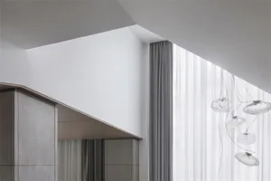 A minimalist closet with textured lining details.