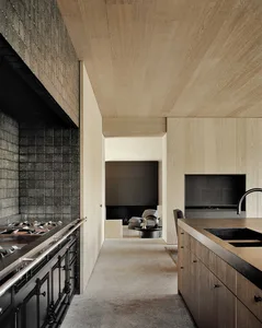 A modern residential kitchen featuring wooden cabinets and a sleek black countertop.